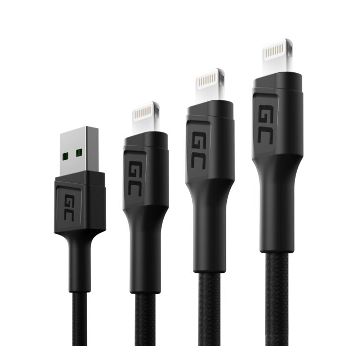 Set 3x Green Cell Kabel Green Cell Ray USB - Lightning 30cm. 120cm. 200cm för iPhone. iPad. iPod. vit LED. snabbladdning. - Bild 1