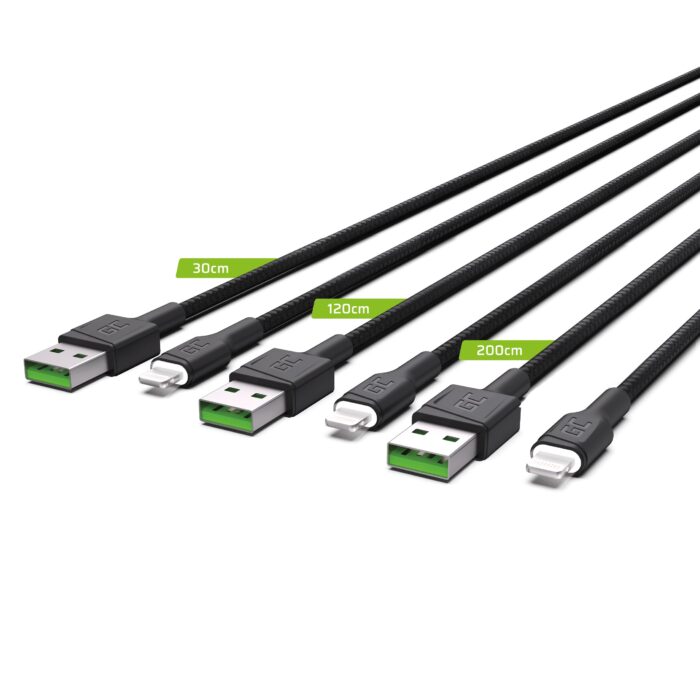 Set 3x Green Cell Kabel Green Cell Ray USB - Lightning 30cm. 120cm. 200cm för iPhone. iPad. iPod. vit LED. snabbladdning. - Bild 2