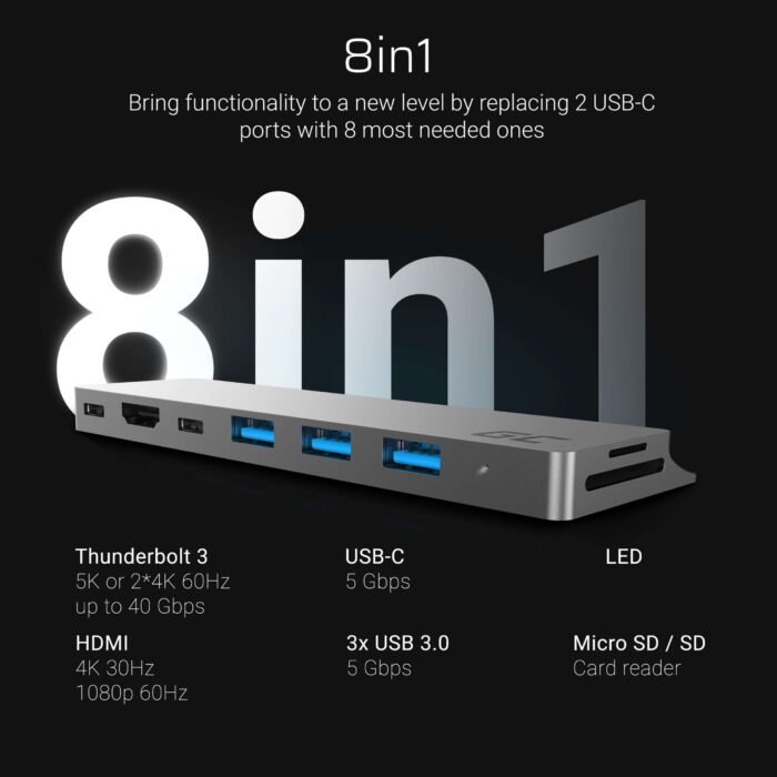 Green Cell Adapter HUB Green Cell Connect60 8in1 (Thunderbolt 3. USB-C. HDMI. 3x USB 3.0. SD. microSD) för MacBook Pro 13/15 "2016-2020 - Bild 3