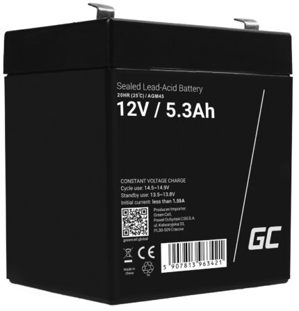 Green Cell AGM VRLA 12V 5.3Ah underhållsfri batteri för larmsystem. kassaapparat. leksaker.