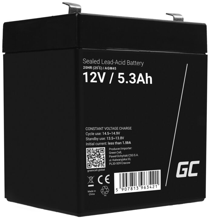 Green Cell AGM VRLA 12V 5.3Ah underhållsfri batteri för larmsystem. kassaapparat. leksaker. - Bild 1