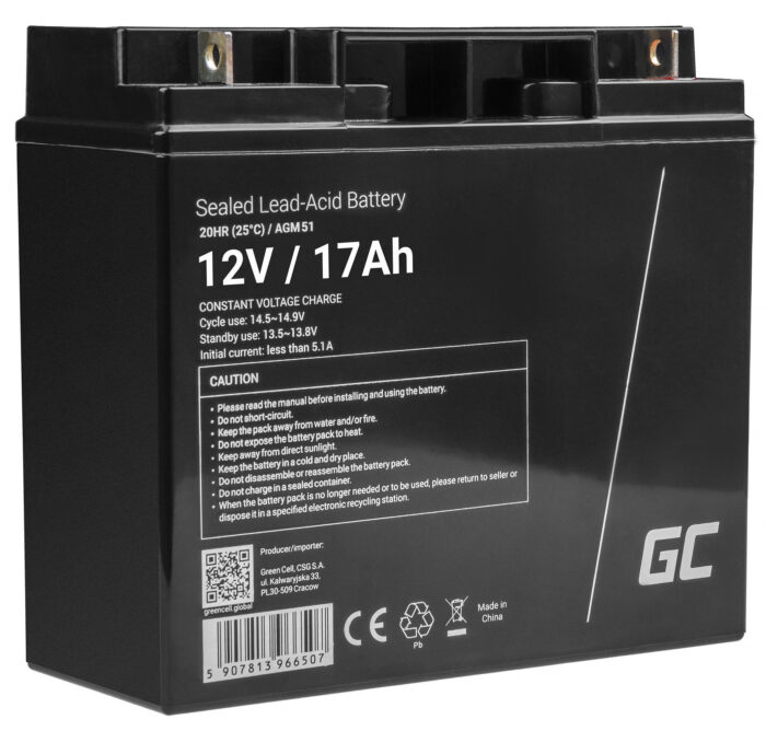 Green Cell AGM VRLA 12V 17Ah underhållsfri batteri för gräsklippare. skoter. båt. rullstol. - Bild 1
