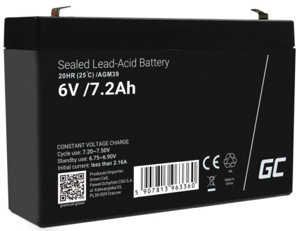 Green Cell AGM VRLA 6V 7.2Ah underhållsfri batteri för larmsystem. kassaapparat. leksaker.