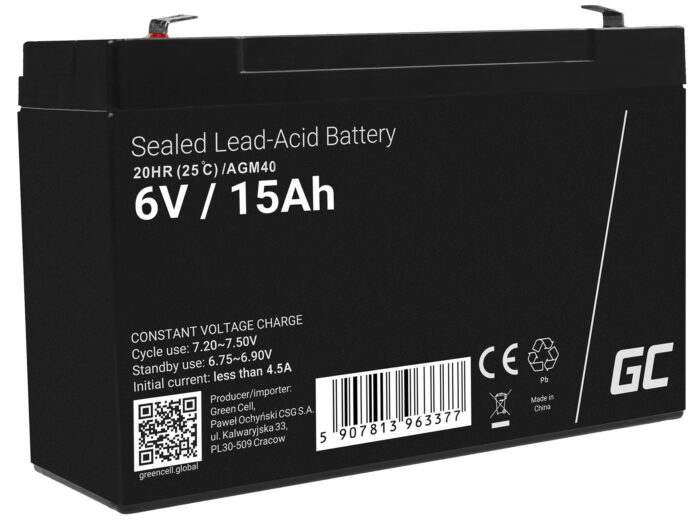 Green Cell AGM VRLA 6V 15Ah underhållsfri batteri för larmsystem. kassaapparat. leksaker. - Bild 1