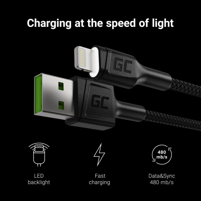 Green Cell Kabel Ray USB-A - Lightning Vit LED 200cm med stöd för Apple 2.4A snabbladdning. - Bild 2