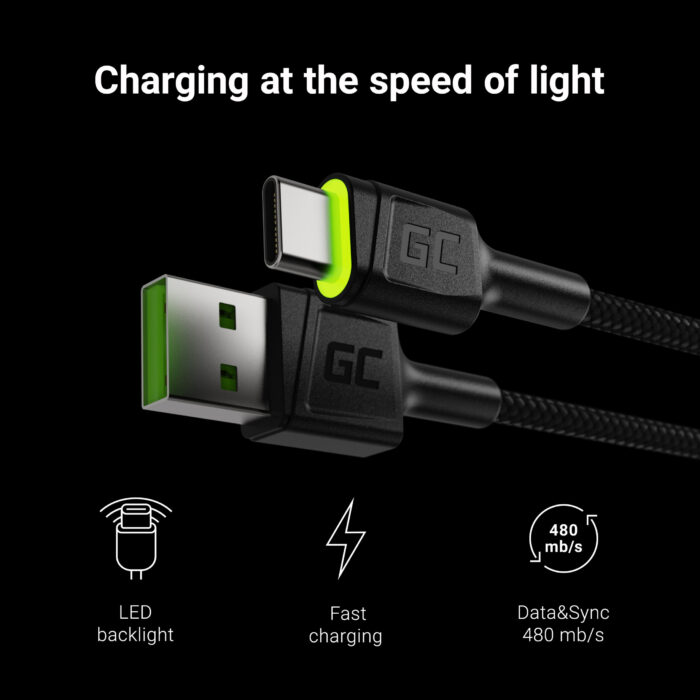Green Cell Kabel Ray USB-Kabel - USB-C 120cm med grön LED-bakgrundsbelysning och stöd för snabbladdning Ultra Charge. QC 3.0. - Bild 2