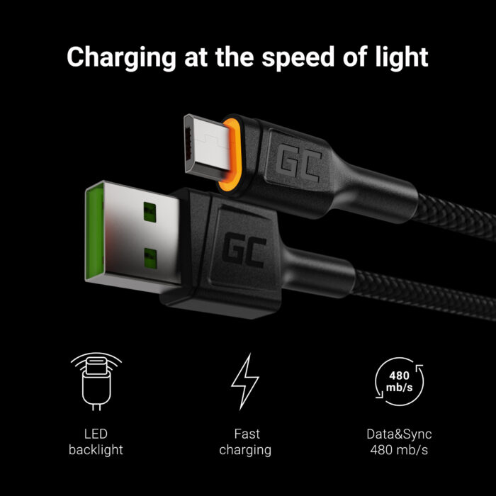 Green Cell Kabel Ray USB-A - microUSB Gul LED 120cm med stöd för Ultra Charge QC3.0 snabbladdning. - Bild 2