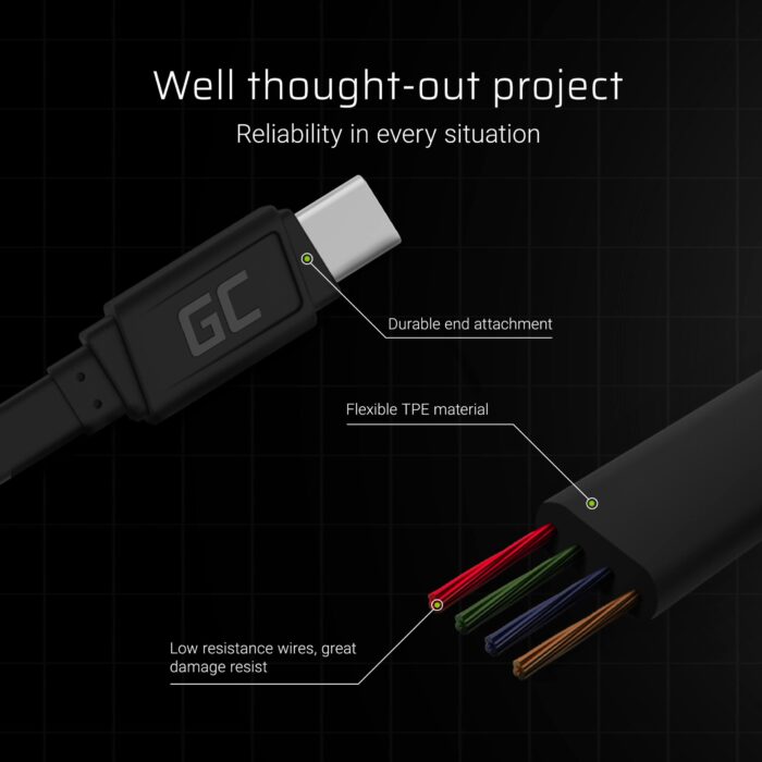 Green Cell Kabel GCmatte USB-C Platt kabel 25 cm med snabbladdning. - Bild 4