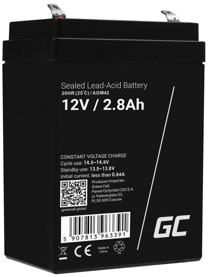 Green Cell AGM VRLA 12V 2.8Ah underhållsfri batteri för larmsystem. kassaapparat. leksaker. - Bild 1