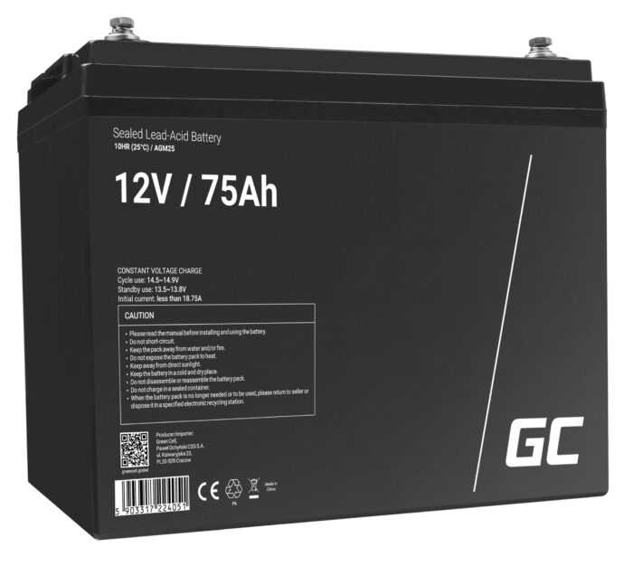 Green Cell AGM VRLA 12V 75Ah underhållsfri batteri för husbil. fotovoltaik. solpaneler. båtar. - Bild 1