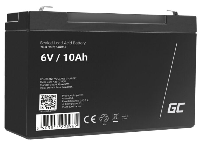 Green Cell AGM VRLA 6V 10Ah underhållsfri batteri för larmsystem. kassaapparat. leksaker. - Bild 1