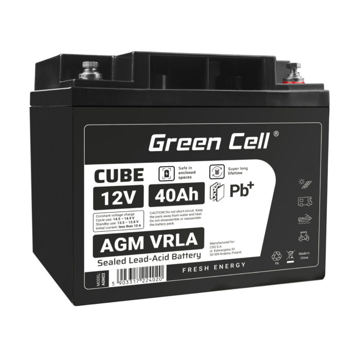 Green Cell CUBE AGM IP54 12V 40Ah VRLA Batteri Gel djupcykel skoter gräsklippare båt pråm gräsklippare traktor fiskebåt. - Bild 1