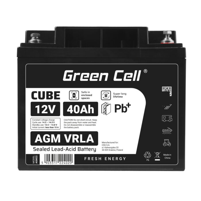 Green Cell CUBE AGM IP54 12V 40Ah VRLA Batteri Gel djupcykel skoter gräsklippare båt pråm gräsklippare traktor fiskebåt. - Bild 5