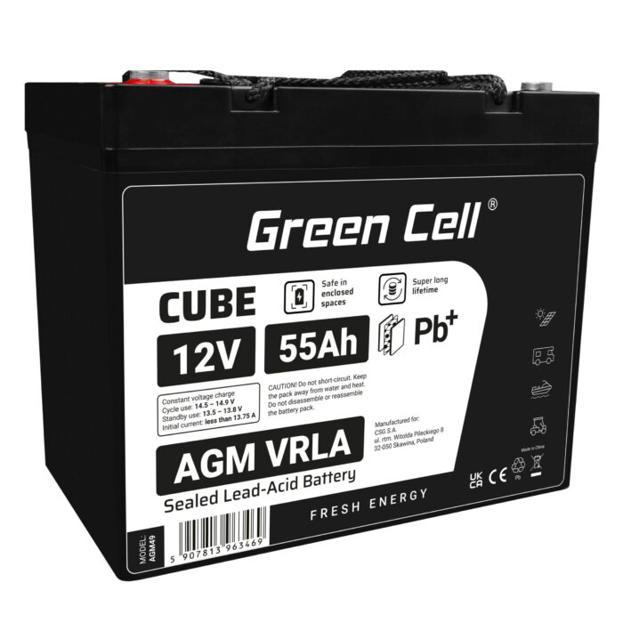 Green Cell CUBE AGM IP54 12V 55Ah VRLA-batteri Gel djupcykel skoter gräsklippare båt pråm gräsklippare traktor fiskebåt. - Bild 1