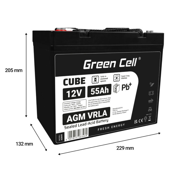 Green Cell CUBE AGM IP54 12V 55Ah VRLA-batteri Gel djupcykel skoter gräsklippare båt pråm gräsklippare traktor fiskebåt. - Bild 3