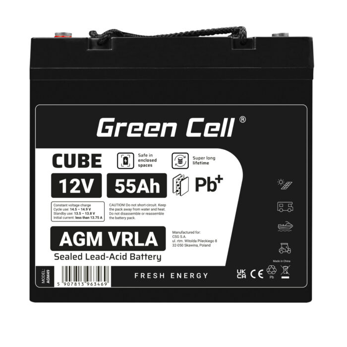 Green Cell CUBE AGM IP54 12V 55Ah VRLA-batteri Gel djupcykel skoter gräsklippare båt pråm gräsklippare traktor fiskebåt. - Bild 5
