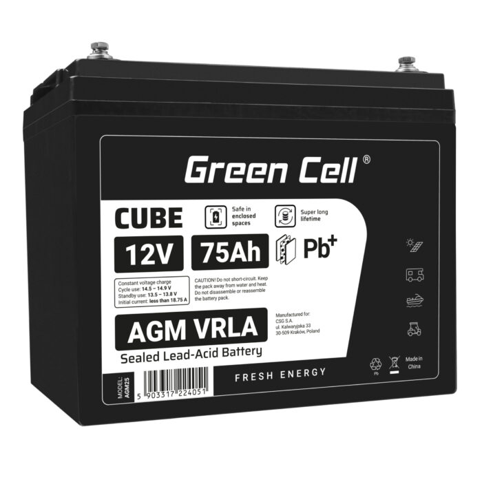 Green Cell CUBE AGM IP54 12V 75Ah VRLA Batteri Gel djupcykel powerchair fotovoltaisk fritidsbatteri husbil. - Bild 1