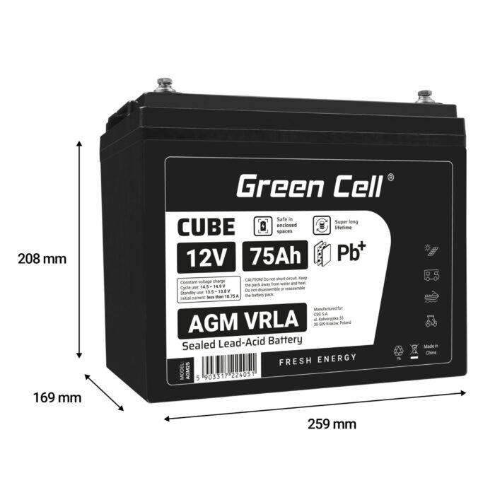 Green Cell CUBE AGM IP54 12V 75Ah VRLA Batteri Gel djupcykel powerchair fotovoltaisk fritidsbatteri husbil. - Bild 3