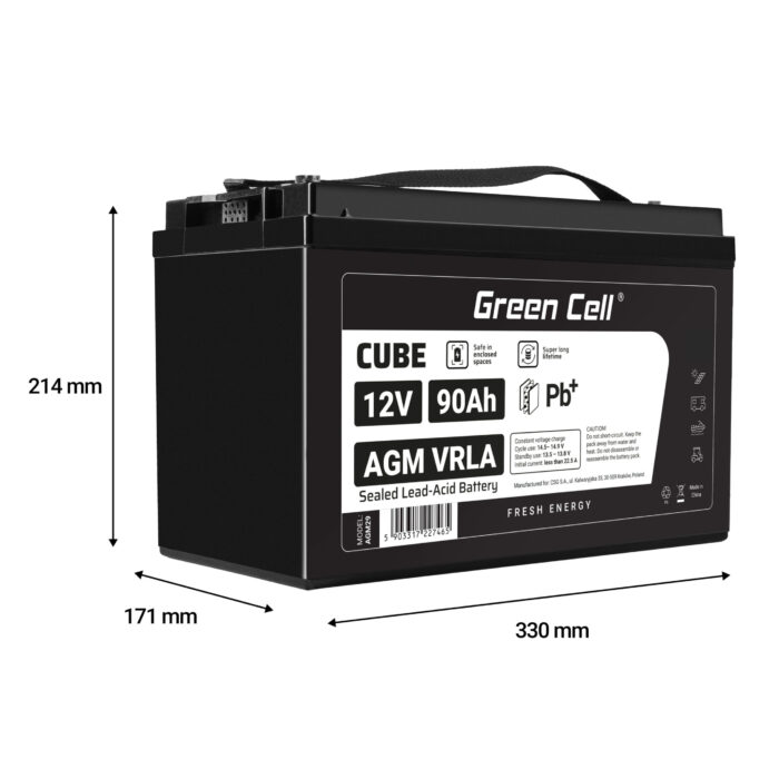 Green Cell CUBE AGM IP54 12V 90Ah VRLA Batteri Gel djupcykel skoter gräsklippare båt pråm gräsklippare traktor fiskebåt. - Bild 2
