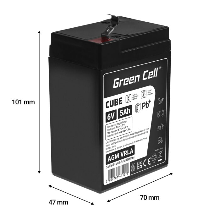 Green Cell CUBE AGM IP54 6V 5Ah VRLA Batteri Gel djupcykel leksaker för barn larmsystem. - Bild 3