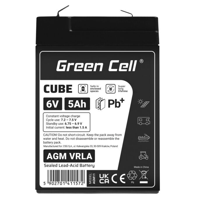 Green Cell CUBE AGM IP54 6V 5Ah VRLA Batteri Gel djupcykel leksaker för barn larmsystem. - Bild 5