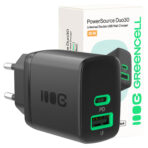 Greencell PowerSource Duo30 Laddare USB/USB-C Svart Strömadapter 30W Power Delivery.