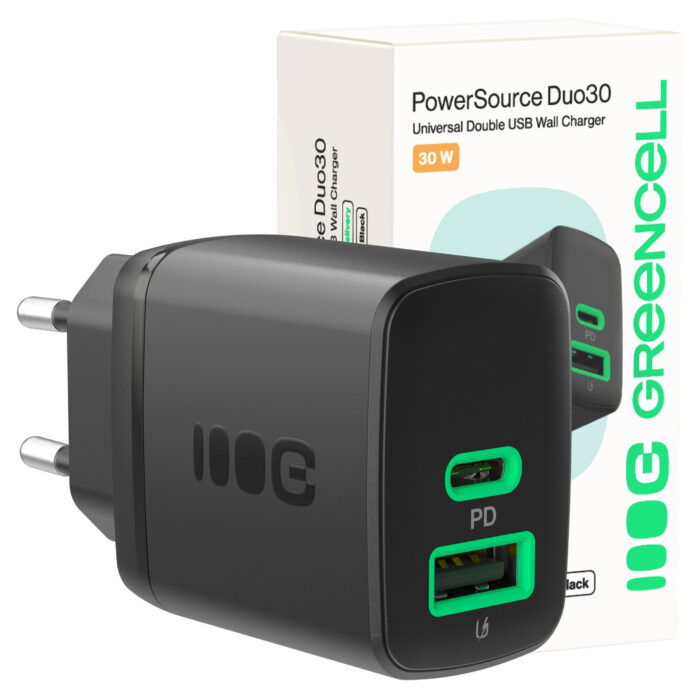 Greencell PowerSource Duo30 Laddare USB/USB-C Svart Strömadapter 30W Power Delivery. - Bild 1