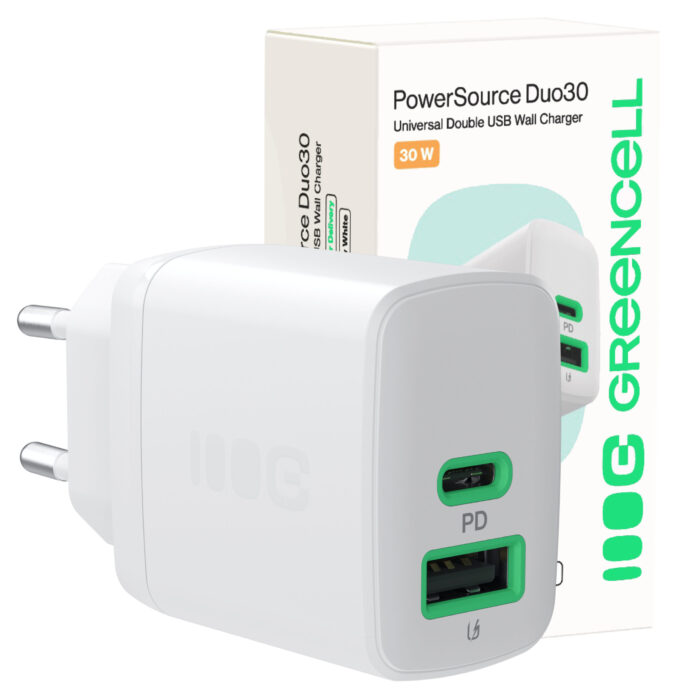 Greencell PowerSource Duo30 Laddare USB/USB-C Vit Strömadapter 30W Power Delivery. - Bild 1