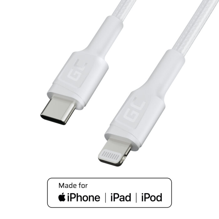 Vit USB-C - Lightning MFi 1m kabel för Apple iPhone Green Cell PowerStream. med snabbladdning via Power Delivery. - Bild 5