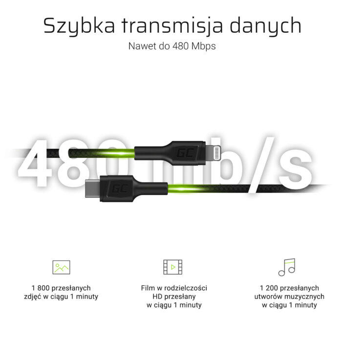 Green Cell kabel Green Cell Power Stream USB-C - Lightning 100 cm med Power Delivery (Apple MFi-certifierad). - Bild 3
