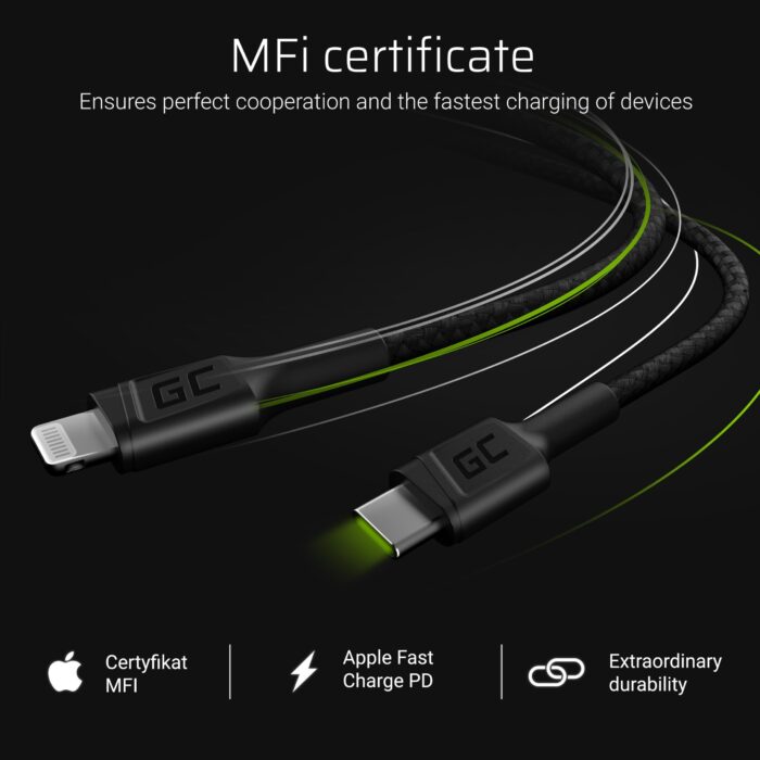 Green Cell kabel Green Cell Power Stream USB-C - Lightning 100 cm med Power Delivery (Apple MFi-certifierad). - Bild 5