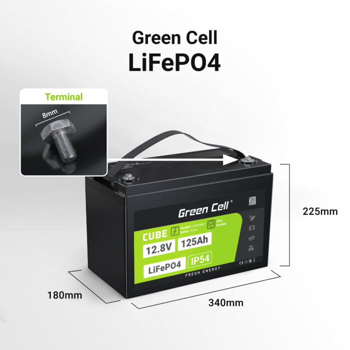 Green Cell CUBE LiFePO4 125Ah 12.8V 1600Wh Litiumjärnfosfatbatteri för Husvagn. Solenergi. Off-Grid System. Båt. - Bild 2