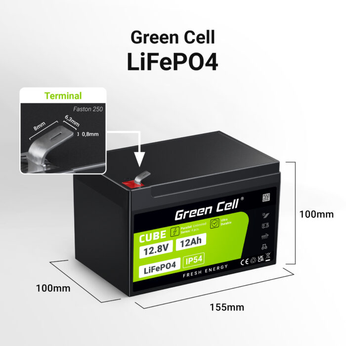 Green Cell CUBE LiFePO4 12Ah 12.8V 153.6Wh Litiumjärnfosfatbatteri för rullstol. leksak. skoter. - Bild 2