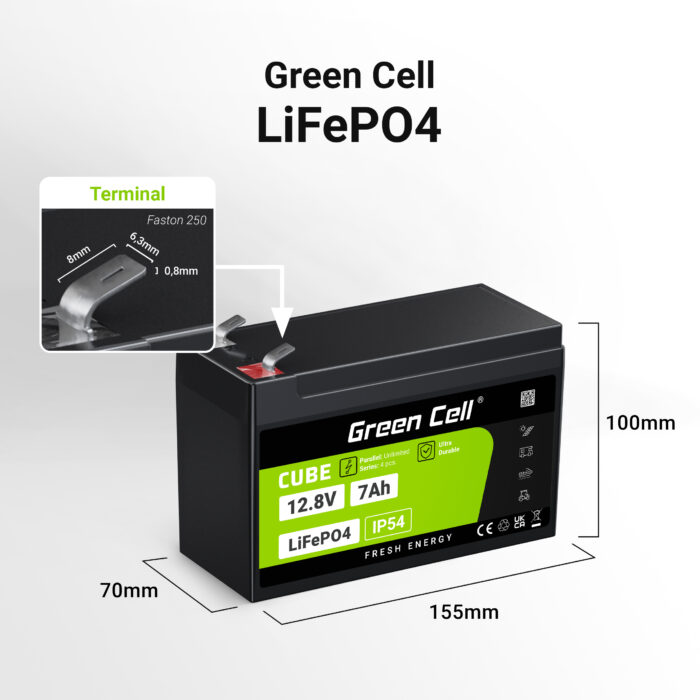 Green Cell CUBE LiFePO4 7Ah 12.8V 89.6Wh Litiumjärnfosfatbatteri för UPS. övervakning. - Bild 2