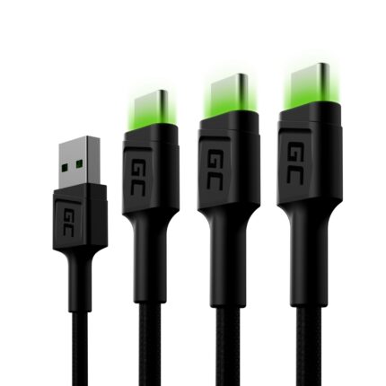 Set 3x Green Cell Ray USB-C 120cm Kabel med grön LED-bakgrundsbelysning. snabbladdning Ultra Charge. QC 3.0.