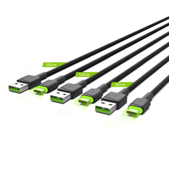 Set 3x Green Cell Ray USB-C 120cm Kabel med grön LED-bakgrundsbelysning. snabbladdning Ultra Charge. QC 3.0. - Bild 2