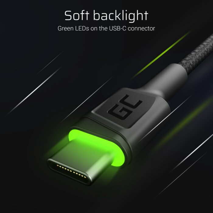Set 3x Green Cell Ray USB-C 120cm Kabel med grön LED-bakgrundsbelysning. snabbladdning Ultra Charge. QC 3.0. - Bild 4