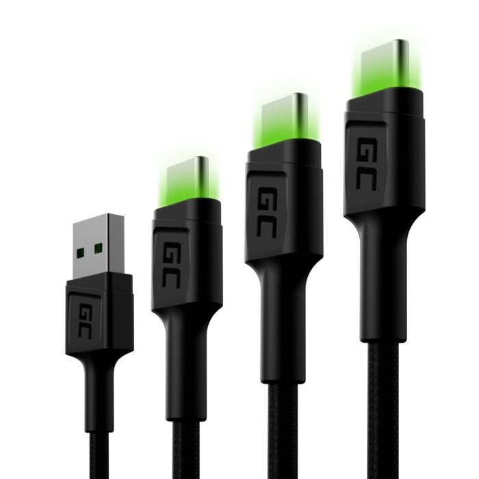 Sätt 3x Green Cell Kabel Green Cell Ray USB-C Kabel 30cm. 120cm. 200cm med grön LED-bakgrundsbelysning. snabbladdning UC. QC 3.0. - Bild 1