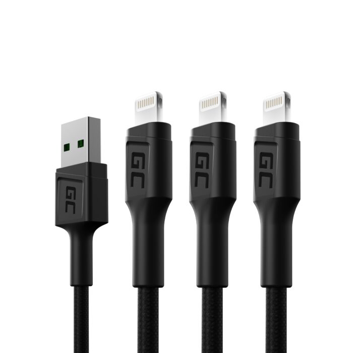 Set 3x Green Cell-kabel Green Cell Ray USB - Lightning 120cm för iPhone. iPad. iPod. vit LED. snabbladdning. - Bild 1